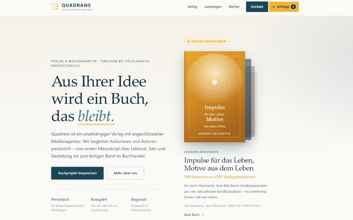 Startseite von Quadrans Verlag mit der Überschrift „Aus Ihrer Idee wird ein Buch, das bleibt“ und einem Buchcover